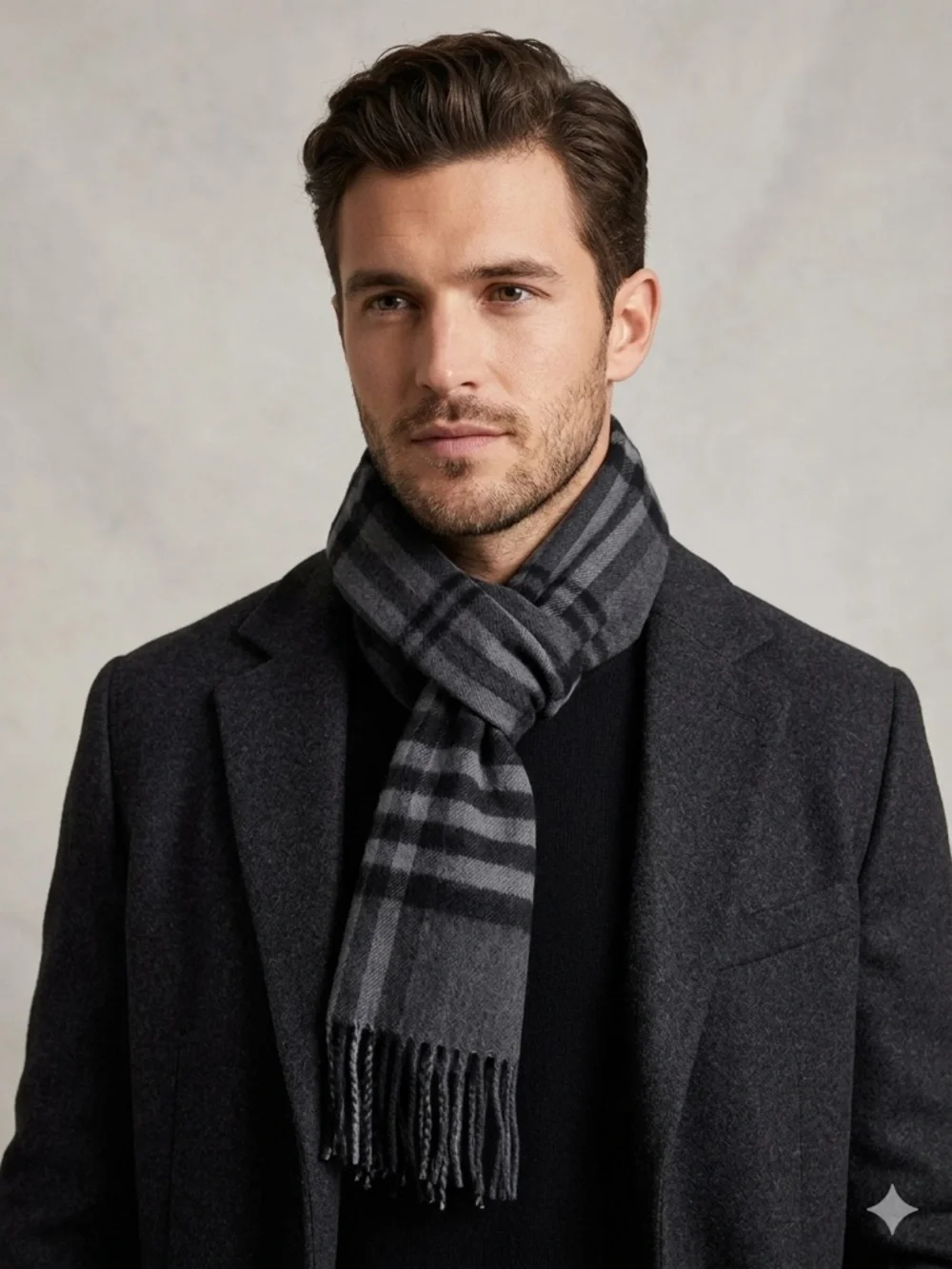 Enzo Mantovani Cashmere Wool Plaid Scarf Black Gray Luxury Soft Cozy Fringe nwt